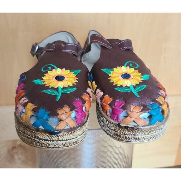 Lomeli Brown Leather Embroidered Mary Jane Sandals US 7 Sunflower Boho Bohemian - Picture 3 of 8